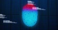 Image of digital biometric fingerprint computer interface icon on mesh black background
