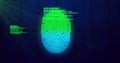 Image of digital biometric fingerprint computer interface icon on mesh black background