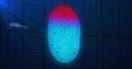 Image of digital biometric fingerprint computer interface icon on mesh black background