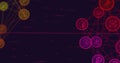 Image of digital computer icons interconnecting with lines and programming language data Royalty Free Stock Photo