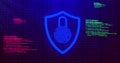 Image of digital computer interface online security blue glowing padlock icon on blue glowing ba Royalty Free Stock Photo