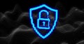 Image of digital computer interface online security blue glowing padlock icon on flowing mesh on Royalty Free Stock Photo