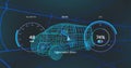 Image of digital dashboard data processing over van icon in seamless pattern