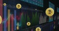 Image of digital data processing over bitcoin icons