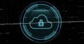 Image of digital data processing over scope scanning with cloud and padlock Royalty Free Stock Photo