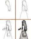 This image is a digital drawing composed of four quadrants, each featuring a different stage of drawing a girl. Royalty Free Stock Photo