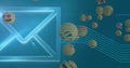 Image of digital envelope icon and emoji icons with blue lines