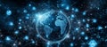 An image of a digital globe featuring icons of people linking worldwide, encircled by blue-toned code and data streams.