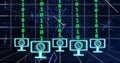 Image of digital icons and binary coding data processing over dark background Royalty Free Stock Photo