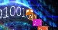 Image of digital icons and binary coding data processing over dark background Royalty Free Stock Photo
