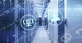 Image of digital icons, data processing and binary coding against server room Royalty Free Stock Photo