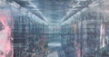 Image of digital icons, data processing and binary coding over empty computer server room Royalty Free Stock Photo