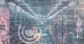 Image of digital icons, data processing and binary coding over empty computer server room Royalty Free Stock Photo