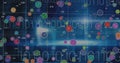 Image of digital icons and data processing with binary coding over world map in background Royalty Free Stock Photo