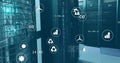 Image of digital icons and data processing over computer servers Royalty Free Stock Photo