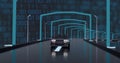 Image of digital interface with binary coding over car driving Royalty Free Stock Photo