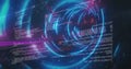 Image of digital interface data processing with network of connections in blue glowing tunnel
