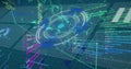 Image of digital interface screens with circle, dots connecting with lines and programming data Royalty Free Stock Photo