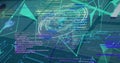Image of digital interface screens with circle, dots connecting with lines and programming data Royalty Free Stock Photo