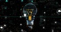 Image of digital lightbulb and media icons over globe and data processing