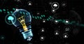 Image of digital lightbulb and media icons over globe and data processing
