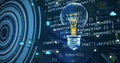 Image of digital lightbulb and media icons over scope scanning and data processing