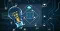 Image of digital lightbulb and media icons over scope scanning and data processing