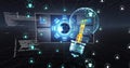 Image of digital lightbulb and media icons over screens and data processing