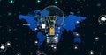 Image of digital lightbulb and media icons over world map and data processing