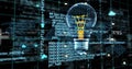 Image of digital lightbulb and media icons over world map and data processing