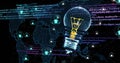 Image of digital lightbulb and media icons over world map and data processing