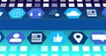 Image of digital online icons and blue stripe moving on blue background