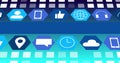 Image of digital online icons and blue stripe moving on blue background