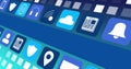 Image of digital online icons and blue stripe moving on blue background