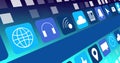 Image of digital online icons and blue stripe moving on blue background