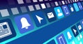 Image of digital online icons and blue stripe moving on blue background