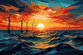 Digital Wind Farm Sunset: Vibrant Sky & 13 Turbines, generative ai Royalty Free Stock Photo