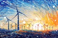 Digital Wind Farm Sunset: Gradient Sky & Scattered Stars, generative ai Royalty Free Stock Photo