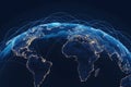 Digital Earth network lines connect globally, blue gold continents shine