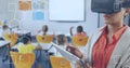 Image of digital screen over smiling biracial female teacher using vr headset