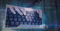Image of digital security warnings, over hacker using computer, server room and data processing Royalty Free Stock Photo