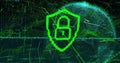 Image of digital shield with padlock over globe on black background