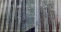 This image is a digitally altered view of a modern office building, with a focus on the global netwo