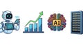 Artificial intelligence illustration with robot, business chart, AI logo, and server. Royalty Free Stock Photo