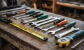 a collection of hand tools neatly arranged on a weathered wooden surface, showcasing various wrenches, screwdrivers, and measuring Royalty Free Stock Photo
