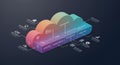 The image displays a 3D isometric diagram depicting cloud computing concepts. The Royalty Free Stock Photo