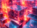 Image displays a dense, 3D grid of red and pink cubes interconnected by lines, suggesting complexity and potential