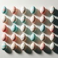The image displays 30 Easter eggs, 10 in each row, painted in pastel colors with floral patterns.
