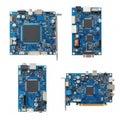Four views of a compact embedded system development board with various ports and components Royalty Free Stock Photo