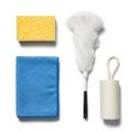 Assorted cleaning tools including sponge, cloth, brush, and scrubber pad Royalty Free Stock Photo